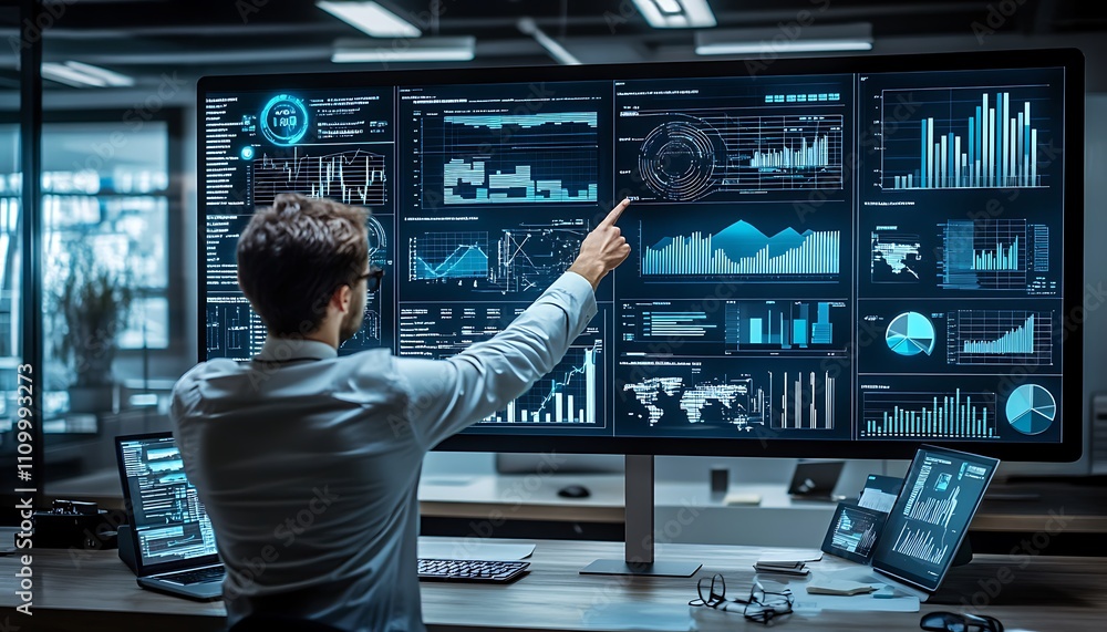 Poster businessman analyzing data on large monitor.