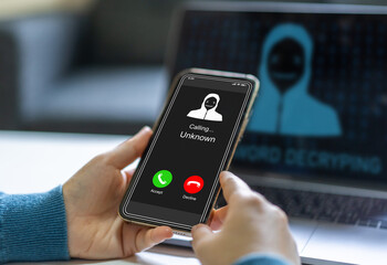 Phone scam alert with hacker and scammer calling unknown number, cybercrime, data theft, phishing...