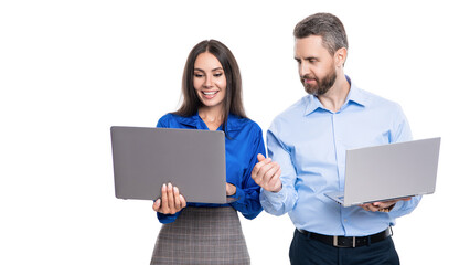 remote business work of boss and employee businesspeople using laptop isolated on white
