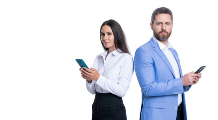 business chatting communication. online chat. business man and woman use phone. two chatting business partner chatting in blog. business colleague chatting online isolated on white. Chat moderation