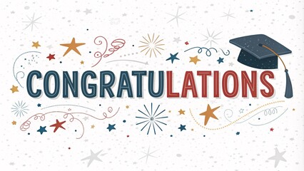 Colorful graduation congratulations banner with a cap and decorative elements.