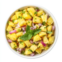 A refreshing pineapple and mint salsa with diced pineapple, red onion, jalape帽o