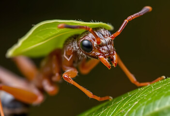 Naklejka premium A small brown ant is on a leaf Ai Generated