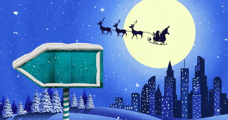 Image of snow falling over christmas sant claus, full moon and winter scenery