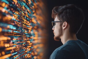 Young man wearing glasses contemplating colorful code projection in dark environment