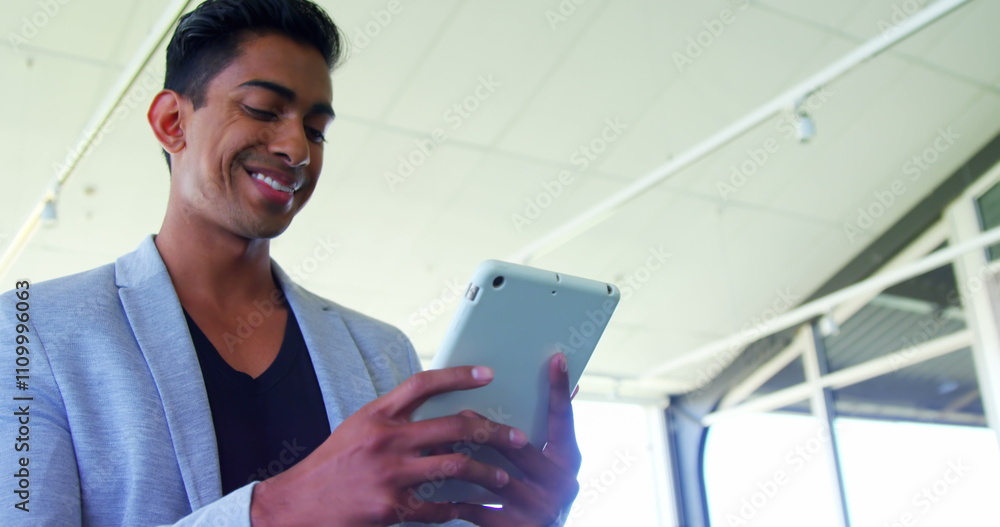 Poster smiling executive using digital tablet in office