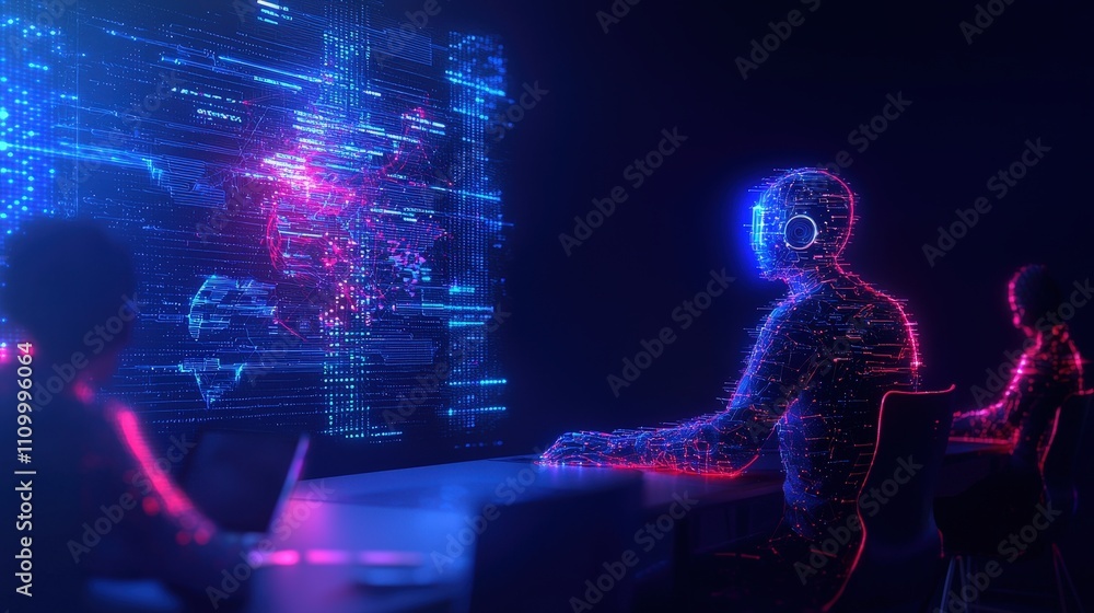 Aufkleber futuristic digital landscape with abstract human figures and data visualization elements