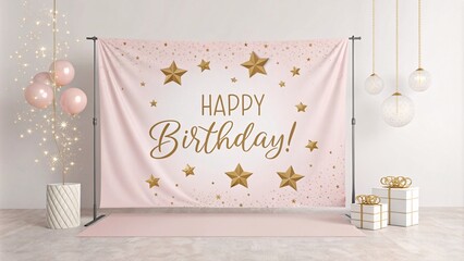 Birthday backdrop with gold stars and soft pink colors, perfect for celebrations.