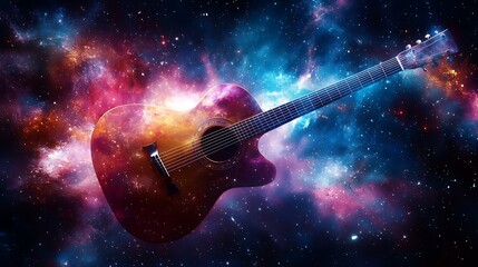 Naklejka premium Acoustic guitar floating in a vibrant nebula, cosmic music concept.