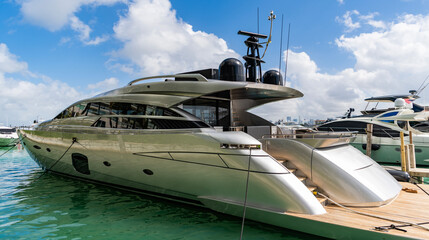 Naklejka premium Docked yacht at sea. Sea vacation on summer. Luxury boat motor yacht in marina. Luxury yacht heading out to sea from marina. Boating and yachting tourism. Luxurious lifestyle. Vacation on summer