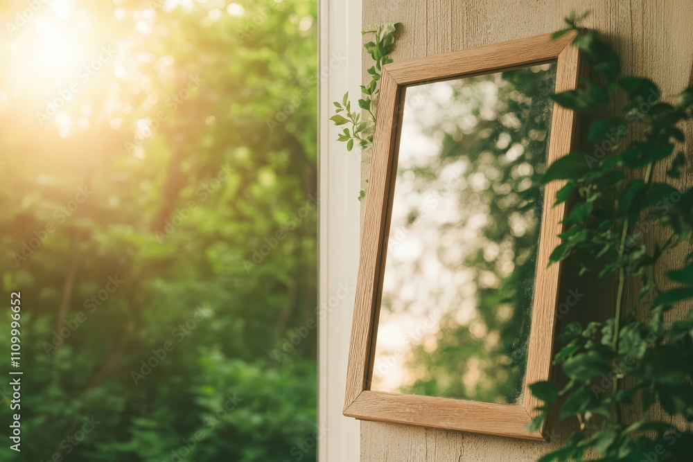 Poster serene reflection of nature in a wooden frame with sunlight and greenery in a tranquil indoor settin