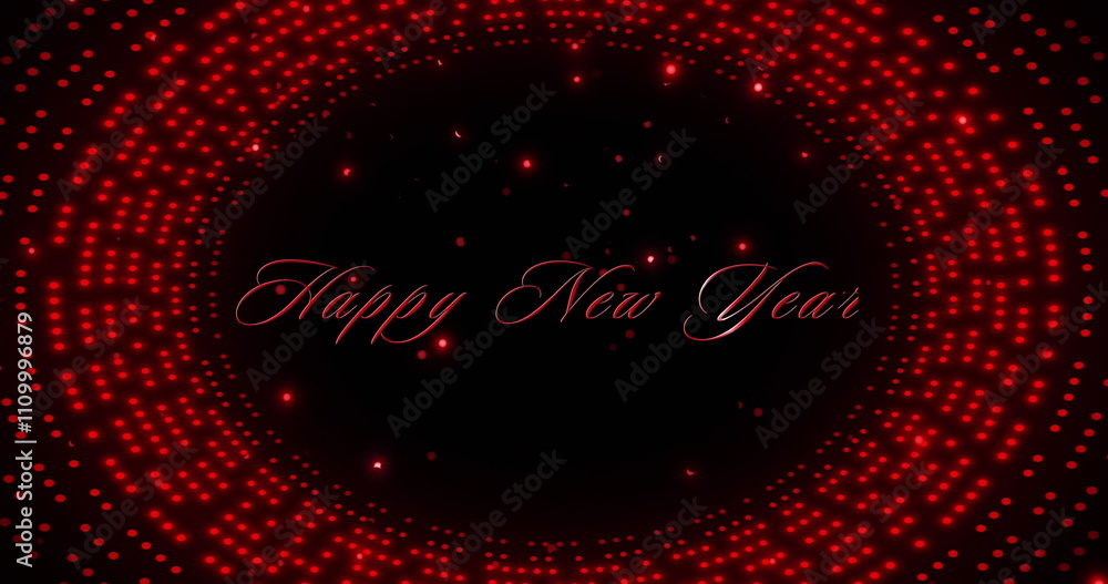 Poster image of happy new year text in red circles of light on black background