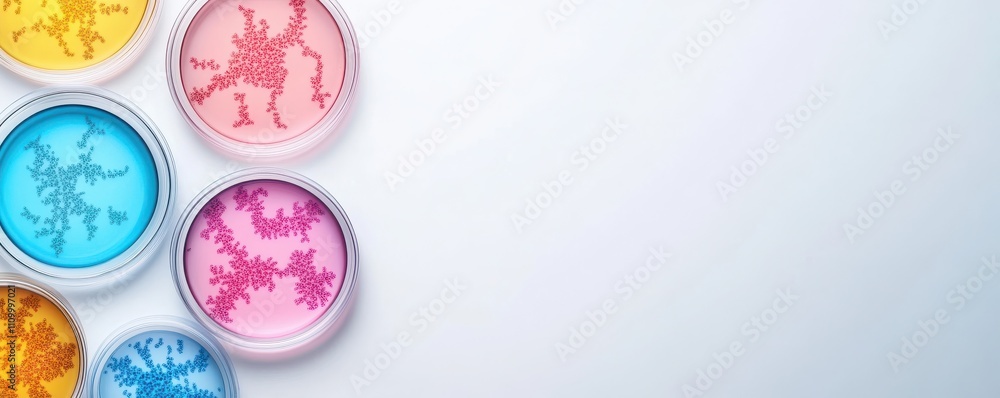 Poster colorful powders in circular containers on a light background.