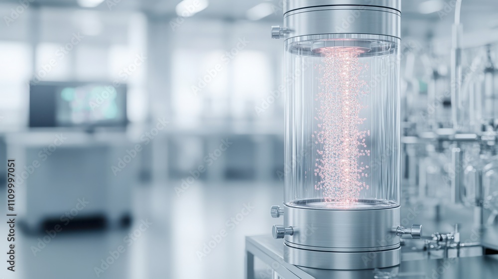 Aufkleber glass cylinder with glowing particles in a modern laboratory setting.