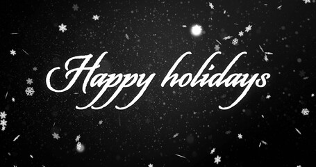 Image of happy holidays text over snow falling background