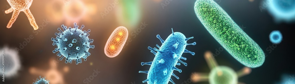 Poster microscopic view of colorful bacteria and microbes in a dark background.