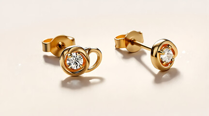 A delicate representation of minimalist stud earrings, glowing in brushed gold with a small diamond centerpiece, set against a clean, white background.

