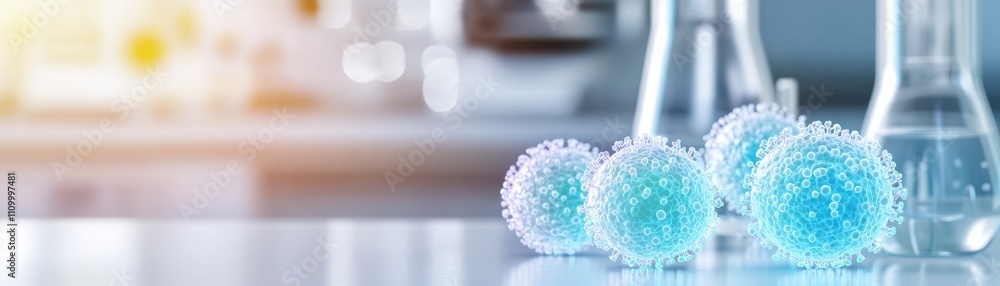 Poster microbial spheres on a laboratory table with glassware in the background