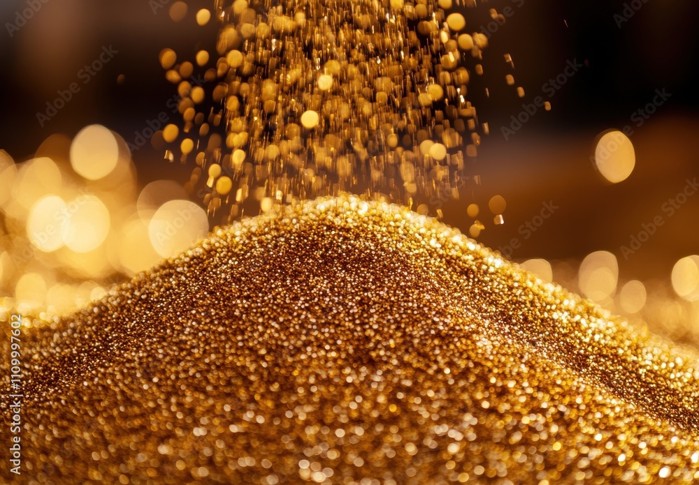 Poster Shimmering Gold Particles Cascade Downwards Creating a Luminous Pile of Glittering Sand with a Soft Bokeh Background and Vibrant Light Reflections