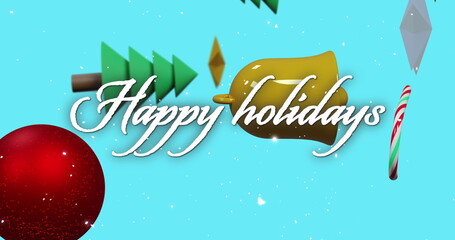 Naklejka premium Image of happy holidasy text over christmas decorations on blue background
