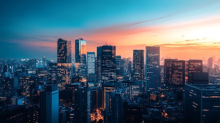 Fototapeta premium Vibrant sunset cityscape, skyscrapers illuminated at dusk.