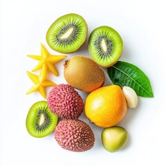 Fototapeta premium A selection of exotic fruits: kiwi, lychee, and starfruit