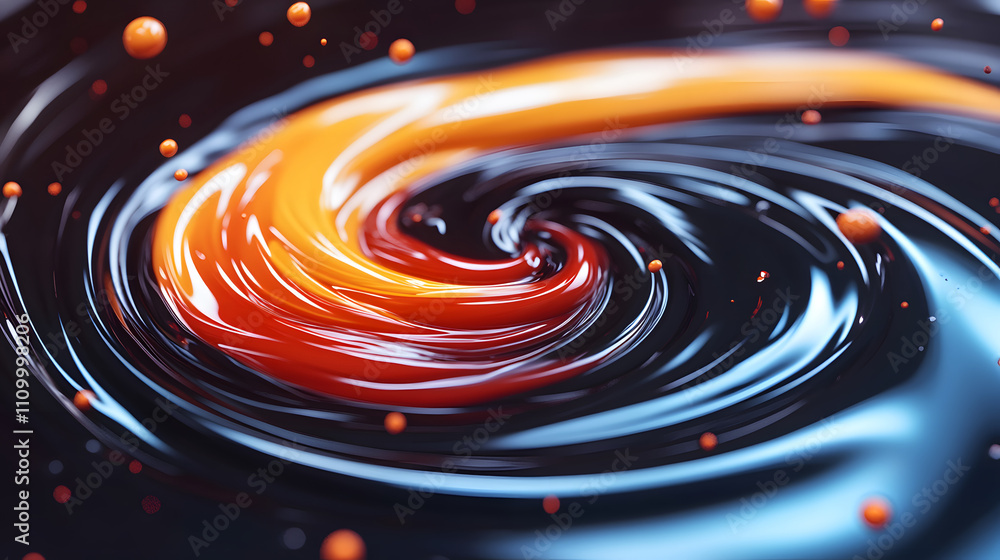 Poster A vibrant swirl of orange and black liquid, dotted with small spheres, creating a dynamic and visually striking abstract pattern