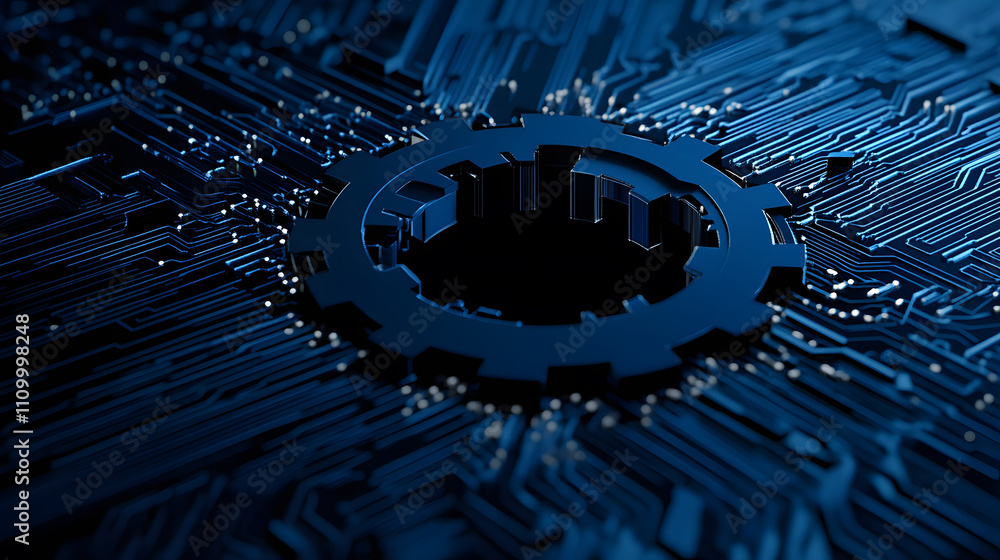 Poster A close-up of a dark gear on a circuit board, highlighting intricate electronic patterns and a blue color scheme