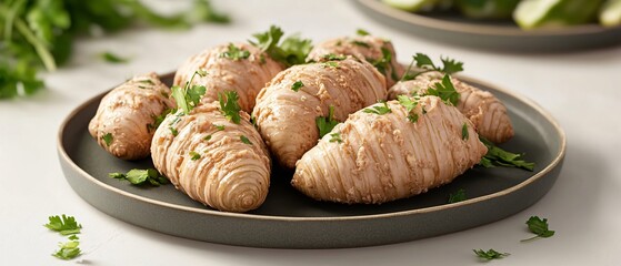 A plate of crispy, golden-brown pastries garnished with fresh herbs.