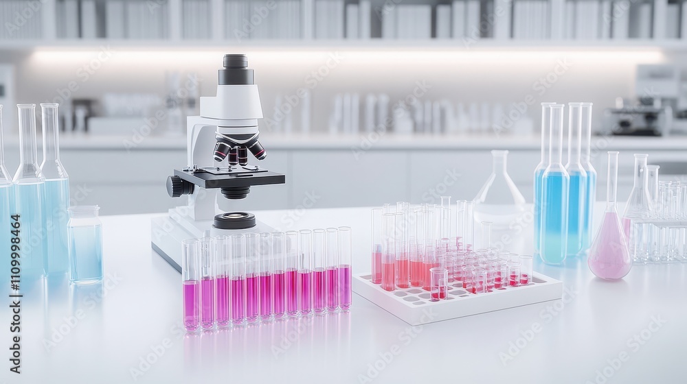 Poster laboratory equipment with colorful liquids and a microscope on a table.