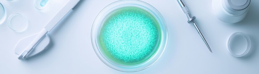 Petri dish with teal gel and laboratory tools on a white surface.