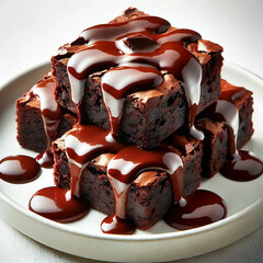 A plate of brownies topped with chocolate sauce, isolated on a white background. 