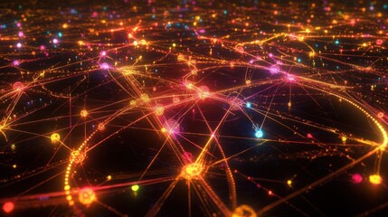 Network Nodes Illuminate Global Connections, Abstract Cityscape at Night with Vibrant Colors