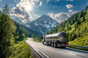 Tanker truck drives on scenic mountain road. Illustrates long-distance fuel transport & delivery.