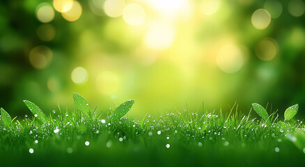 Obraz premium A serene morning scene of lush green grass glistening with dew, perfect for St. Patrick's Day designs, nature-themed projects, or calming wallpapers.