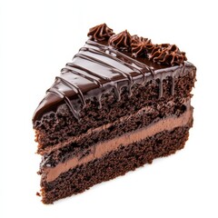 A slice of decadent chocolate cake with ganache drizzle, isolated white background, realism art style
