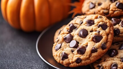 Close-Up of Chocolate Chip Cookies on Dark Plate.