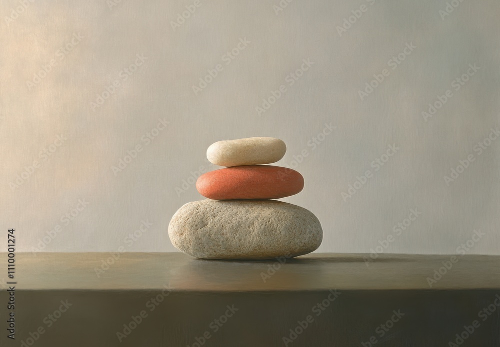 Poster tranquil composition of three smooth stones in harmonious stack on wooden surface with muted backgro