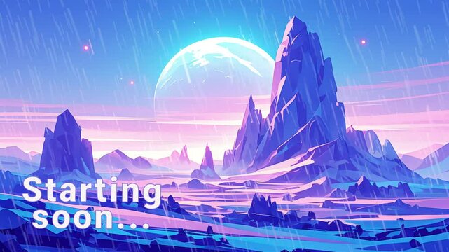 A captivating landscape unfolds under a glowing moon, beckoning. starting soon stream overlay seamless loop Vtuber streamer asset twitch zoom OBS screen animated wallpaper virtual background
