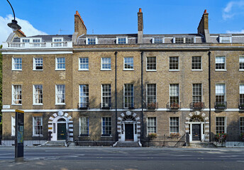 Georgian townhouses built in the late 1700s in the Bedford Square area of Bloomsbury, London