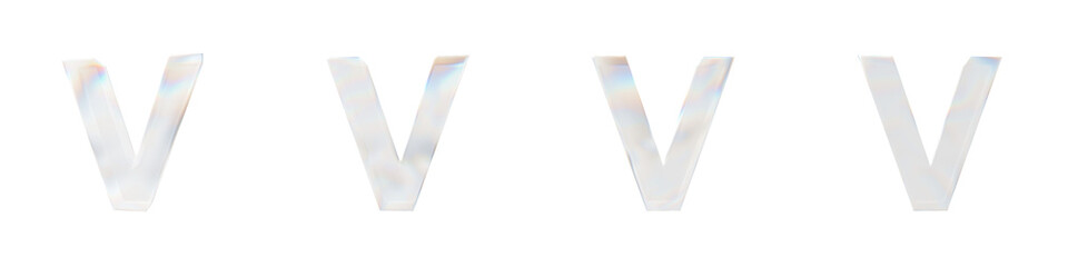 Set of 4 3d letter V with glass distortion effect isolated on a transparent background. 3d transparent elements for graphic design.	