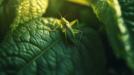Green Grasshopper Perched On Lush Green Leaf