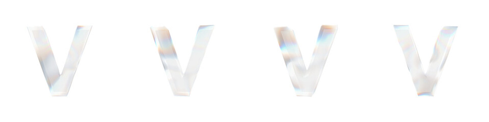 Set of 4 3d letter V with glass distortion effect isolated on a transparent background. 3d transparent elements for graphic design.	