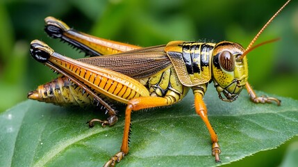 Fototapeta premium Yellow And Black Grasshopper On A Green Leaf