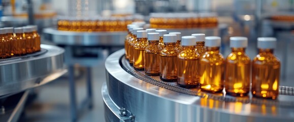 Bottles Moving on a Conveyor Belt in a Factory