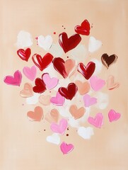 Valentine's Day hearts poster, illustration on beige background, acrylic painting