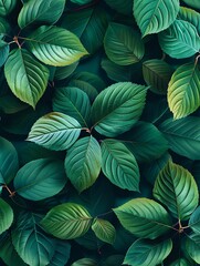 Fototapeta premium lush, dark green leaves, highlighting their vivid texture and natural beauty. The leaves overlap, creating a rich, tropical feel with vibrant contrast and a sense of depth.