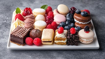 Assorted macarons, pastries, and berries on a platter. Perfect for a dessert spread, bakery menu, or food blog.
