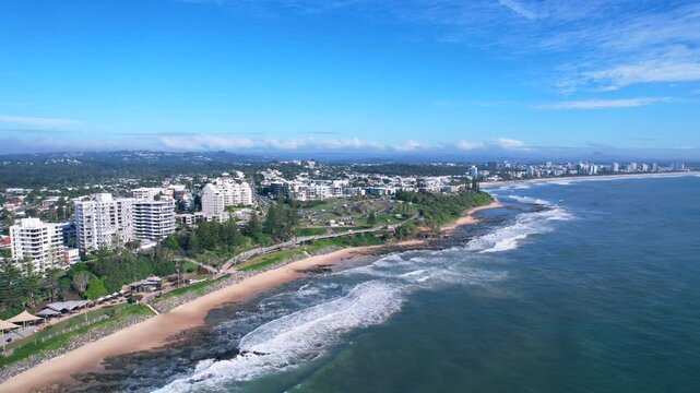 Mooloolaba beach aerial view drone from above bird's eye view Queensland Australia panoramic view in sunny day