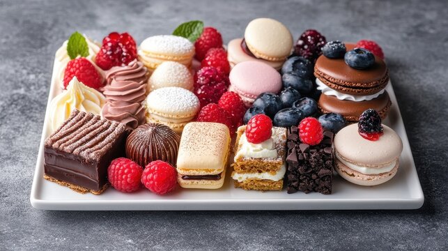 Assorted macarons, pastries, and berries on a platter. Perfect for a dessert spread, bakery menu, or food blog.